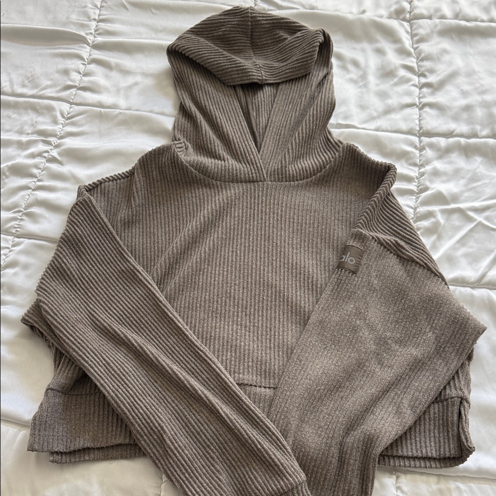 ALO Yoga Ribbed Hoodie Sweater in Taupe